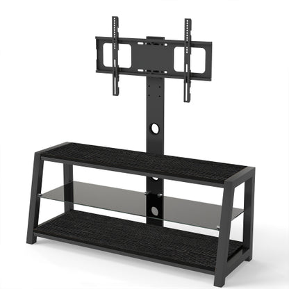Black Swivel TV Stand Mount 30¡ã Rotatable Height Adjustable 3-Tier Tempered Glass Media Console with Power Socket