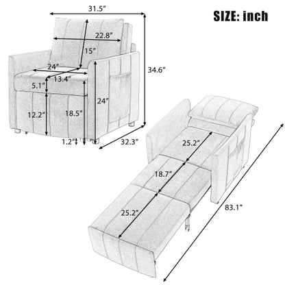 Grey 31.5 inch  Pull-Out Convertible Sofa Bed, 5-Position Backrest, Side Pockets & Storage Basket