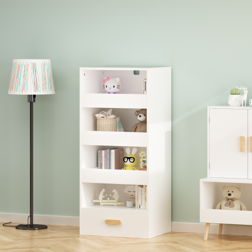 4-Tier Bookshelf with Sliding Drawers and Bottom Drawer