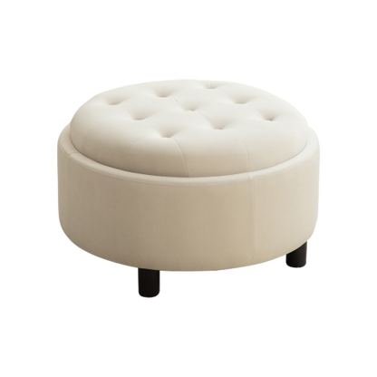 29.33 inch Beige Fleece Round Storage Ottoman, Hand Buckle Decor Reversible Lid Footstool, 300 LBS