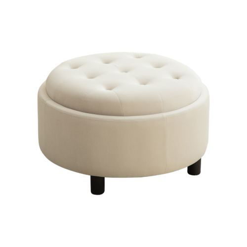 29.33 inch Beige Fleece Round Storage Ottoman, Hand Buckle Decor Reversible Lid Footstool, 300 LBS