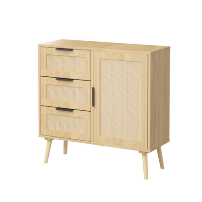 Modern Rattan Wood Dresser 3 Drawer Storage Cabinet with Adjustable Shelf Anti Tip