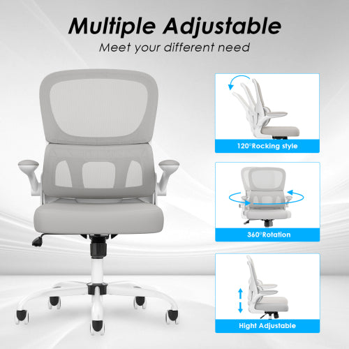 Office Chair, Mesh Ergonomic Office Chair with Lumbar Support, Comfy Computer Desk Chair with Flip Armrest Rolling Wheels for Home Study Room Office, White & Gray