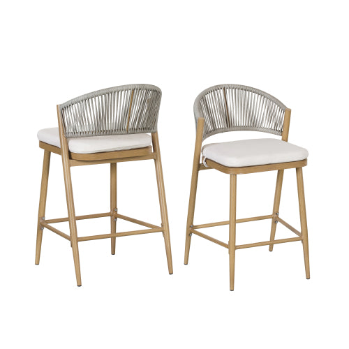 Outdoor 26" Seat Height Aluminum Frame Counter Stools with PE Rattan Scallop-shaped Backrest, Set of 2, Maple Finish
