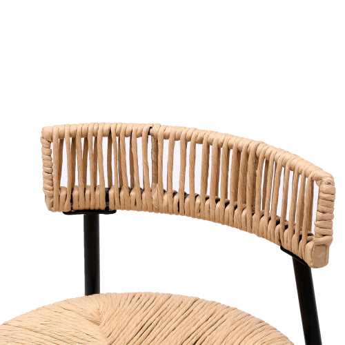 Hand Woven Bar Stools with Back Set of 2 Paper Rope Round Barstools with Footrest for Kitchen Island & Dining Rooms (Black & Honey)