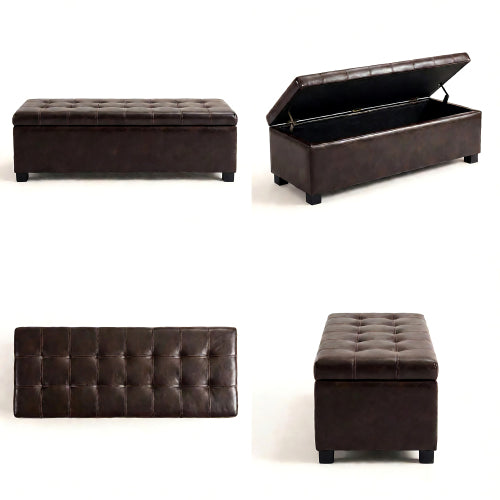 49.75 inch Brown Synthetic Leather Tufted Storage Ottoman Bench, 300 LBS Wooden Leg Entryway Footrest with Safety Hinge