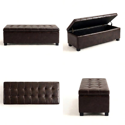 49.75 inch Brown Synthetic Leather Tufted Storage Ottoman Bench, 300 LBS Wooden Leg Entryway Footrest with Safety Hinge