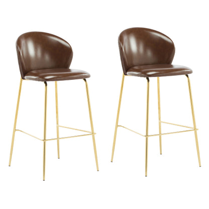 Indoor Upholstered Bar Stool, Dark Brown Faux Leather with Metal Frame, Set of 2