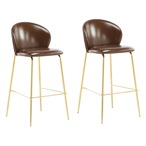 Indoor Upholstered Bar Stool, Dark Brown Faux Leather with Metal Frame, Set of 2