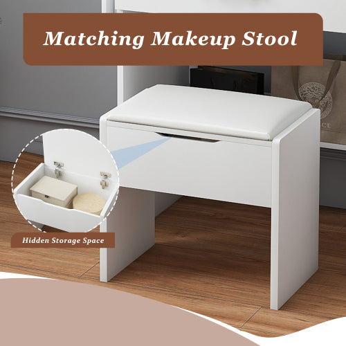 Vanity Desk with LED Mirror Lights and Power Outlet Charging Station, Makeup Dressing Table with 3 Drawers, 7 Shelves and Storage Stool, for Girls and Women (White)