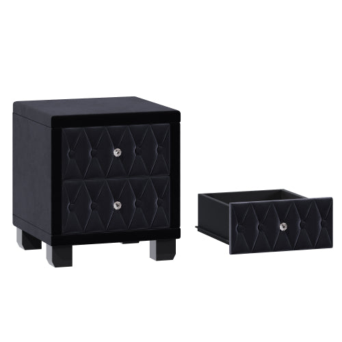 Elegant Velvet Nightstand with 2 Drawers and Crystal Handle, Storage Bedside Table with Button-Tufted, Black