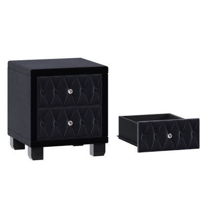 Elegant Velvet Nightstand with 2 Drawers and Crystal Handle, Storage Bedside Table with Button-Tufted, Black