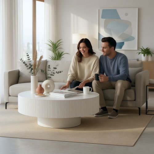 White Round Fluted Pedestal Coffee Table, Mid-Century Modern