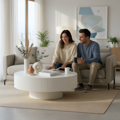 White Round Fluted Pedestal Coffee Table, Mid-Century Modern