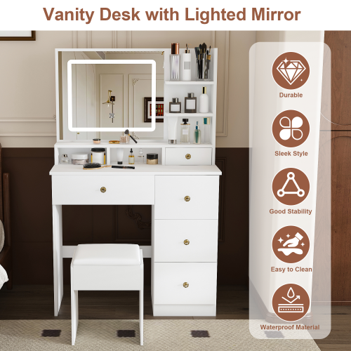 Fashion Vanity Desk w/ 3-Color Dimmable LED Mirror, 4 Silent Sliding Drawers, Open Storage Shelf, White