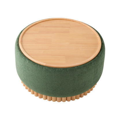 29 Inch Green Chenille Round Storage Ottoman, Reversible Tray Lid Ottoman with Rubberwood Base, No Assembly Needed