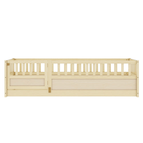 Twin Size Floor bed, integral construction with super high security barrier, door, children's floor bed frame, Montessori wooden children's floor bed,Natural Wood