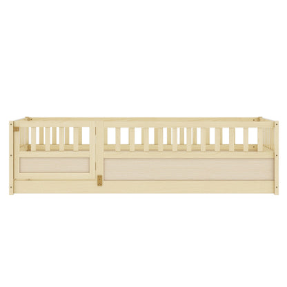 Twin Size Floor bed, integral construction with super high security barrier, door, children's floor bed frame, Montessori wooden children's floor bed,Natural Wood
