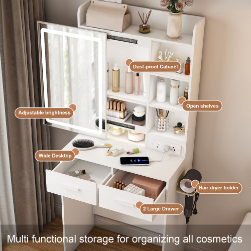White Small Makeup Vanity Desk with Mirror & LED Lights, Power Outlet, Hidden Storage, Padded Stool & Shelf