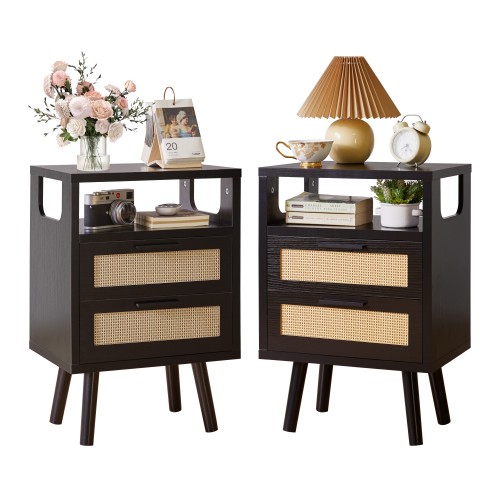 Black 2-Drawer Nightstand Set with Golden Metal Handles