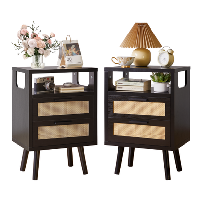 Black 2-Drawer Nightstand Set with Golden Metal Handles