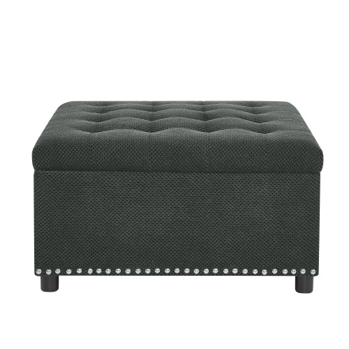 Dark Grey Tufted Square Storage Ottoman with Nailhead Trim, Upholstered Footstool for Living Room & Bedroom