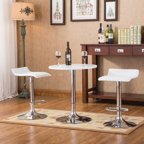 White Adjustable Height Wood and Chrome Metal Bar Table and 2 Chrome Air Lift Adjustable Swivel Stools Set