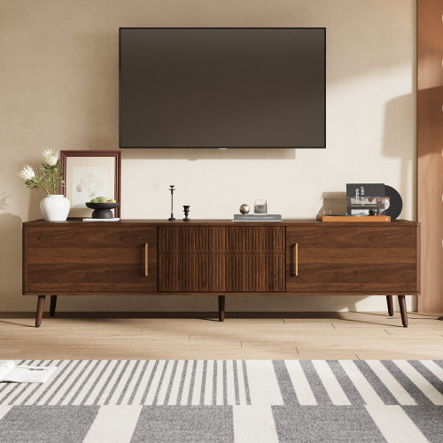70.8 Inch Walnut Mid-Century Wood Grain TV Stand 2 Drawer Media Console Up To 80 Inch TV