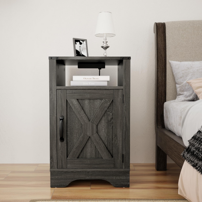 Farmhouse Nightstand with Charging Station, Rustic End Table with Storage Cabinet, Dark Grey