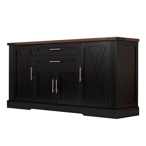 63 inch Farmhouse Barn Door Storage Cabinet with 2 Drawers & Door Rack, Large Buffet Table Coffee Bar Cabinets with Adjustable Shelves for Kitchen, Living Room, Entryway, Dining Room, Black