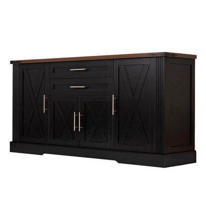 63 inch Farmhouse Barn Door Storage Cabinet with 2 Drawers & Door Rack, Large Buffet Table Coffee Bar Cabinets with Adjustable Shelves for Kitchen, Living Room, Entryway, Dining Room, Black