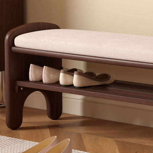 Solid Wood Shoe Bench, 2-Tier Wooden Entryway Bench, Modern Shoe Rack with Faux Leather Cushion for Hallway, Living Room (Walnut, 31.5'')