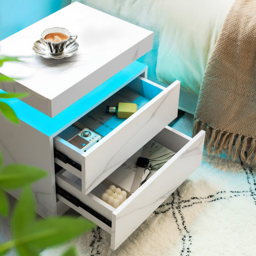 Nightstand LED Bedside Table Cabinet Lights Modern End Side with 2 Drawers for Bedroom (White Stone)