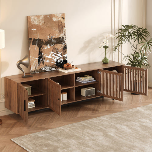 78.7 inch Walnut Slatted Door TV Stand Solid Rubber Wood Leg Media Console Holds 85 inch TV