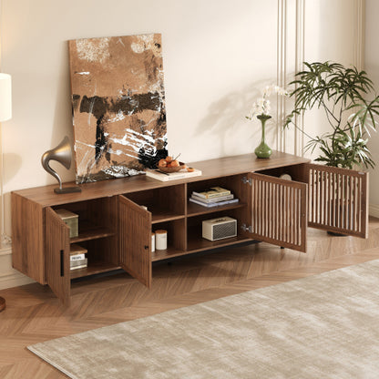 78.7 inch Walnut Slatted Door TV Stand Solid Rubber Wood Leg Media Console Holds 85 inch TV