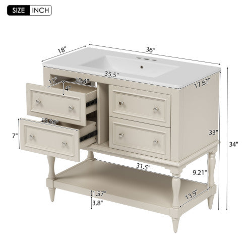 36" Bathroom Vanity Cabinet with Sink Combo Set, Undermount Ceramic Sink, Free Standing Vanity Set with 4 Drawers, Solid Wood Frame Bathroom Cabinet, Beige