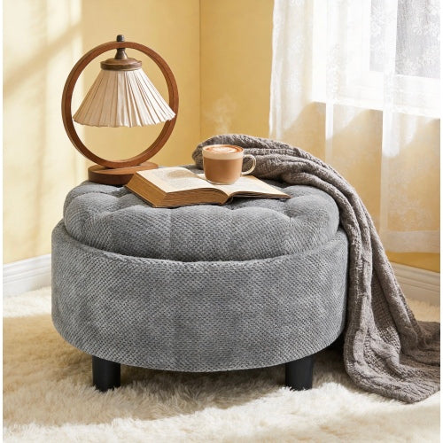 25 Inch Round Storage Ottoman, Light Grey Tufted Fabric