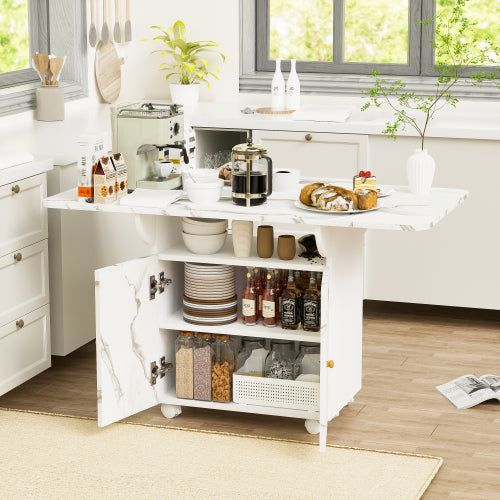 Folding Dining Table with Storage Cabinet Wheels and Marble Finish White