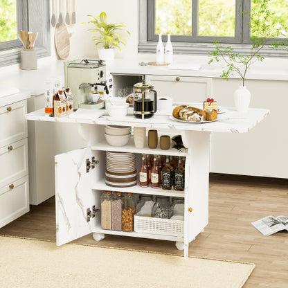 Folding Dining Table with Storage Cabinet Wheels and Marble Finish White