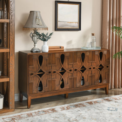 60.5 Inch Walnut Mid-Century Modern Sideboard Four-Door Adjustable Shelf TV Cabinet With Reserved Wire Holes