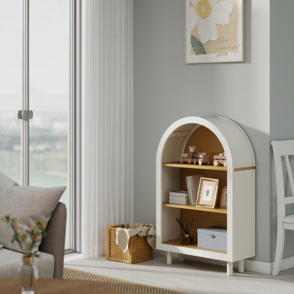 Arched Small Bookcase,Arched Storage Cabinet,Wooden Modern Arched Top Bookshelf with 3 Shelves,White with Woodgrain Shelves, 3-Tier Storage Shelf for Living Room, Bedroom, Entryway