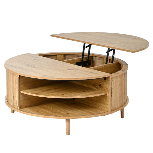 Round Lift Top Coffee Table Storage Sliding Door Pine Wood Legs Modern Wave Grain