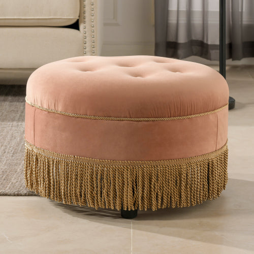 24 Inch Round Ottoman Velvet Accent Ottoman with Gold Trim and Buttoned Seat