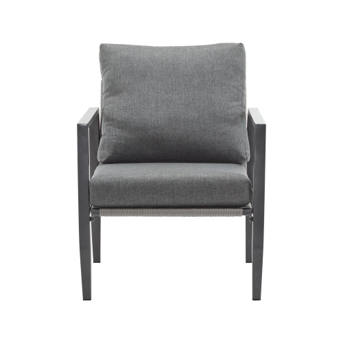 Gray Aluminum Lounge Chair with Sleek Rope Accents and Comfortable Cushions, Perfect for Modern Outdoor and Indoor Spaces