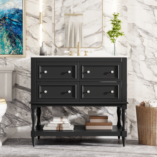 36" Bathroom Vanity Cabinet with Sink Combo Set, Undermount Ceramic Sink, Free Standing Vanity Set with 4 Drawers, Solid Wood Frame Bathroom Cabinet, Black