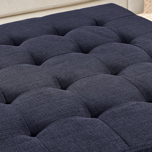 33.5 inch Navy Blue Tufted Linen Square Ottoman Coffee Table, Beech Wood Frame Storage Footrest Stool