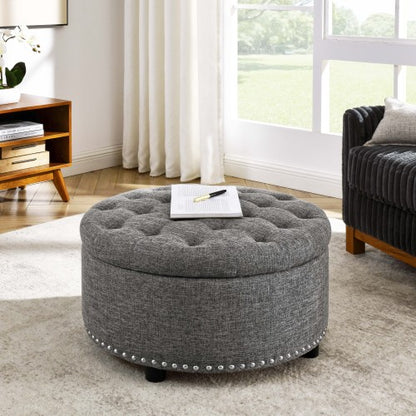 Ottoman Tufted Storage Ottoman with Linen Upholstery and Nailhead Trim