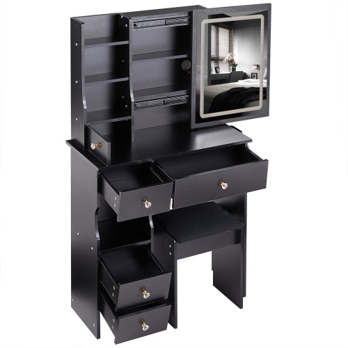 29.2" Small Size Drawer Desktop Vanity Table + Cushioned Stool, 2 AC+2 USB Power Station, Hair dryer bracket, Extra Large Touch Control Sliding LED Mirror, 3-color Switching, EPA, GCC, UL Certificate