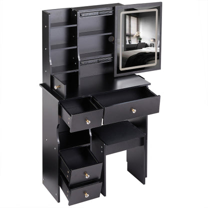 29.2" Small Size Drawer Desktop Vanity Table + Cushioned Stool, 2 AC+2 USB Power Station, Hair dryer bracket, Extra Large Touch Control Sliding LED Mirror, 3-color Switching, EPA, GCC, UL Certificate
