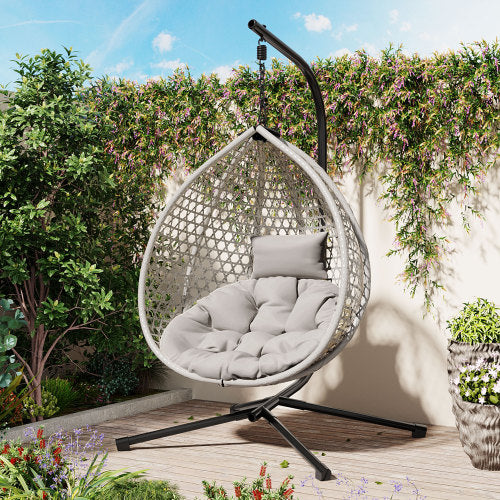 U_STYLE Sturdy Hammock Chair with Stand, Durable Hanging Egg Chair with Rattan Weaving ,Comfortable Indoor Outdoor Swing chairs with Soft Removable Cushion,Suitable for Balcony, Bedroom,or Garden